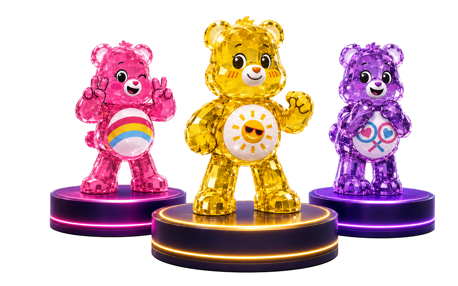 Three sparkling Care Bears Bling Buddies figures on glowing display stands